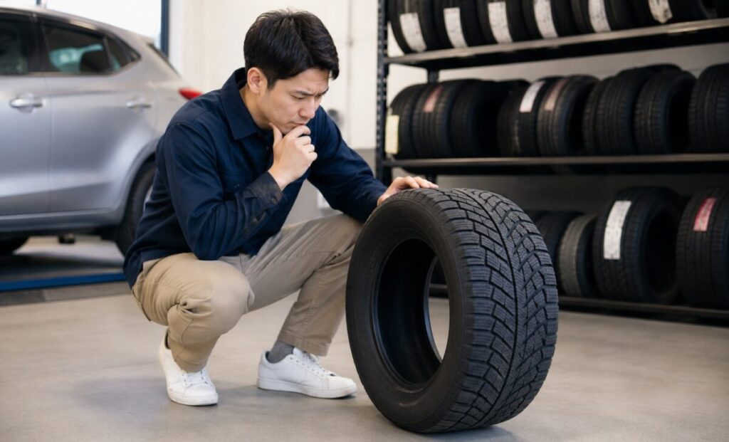 オールシーズンタイヤの寿命や交換時期を確認している様子