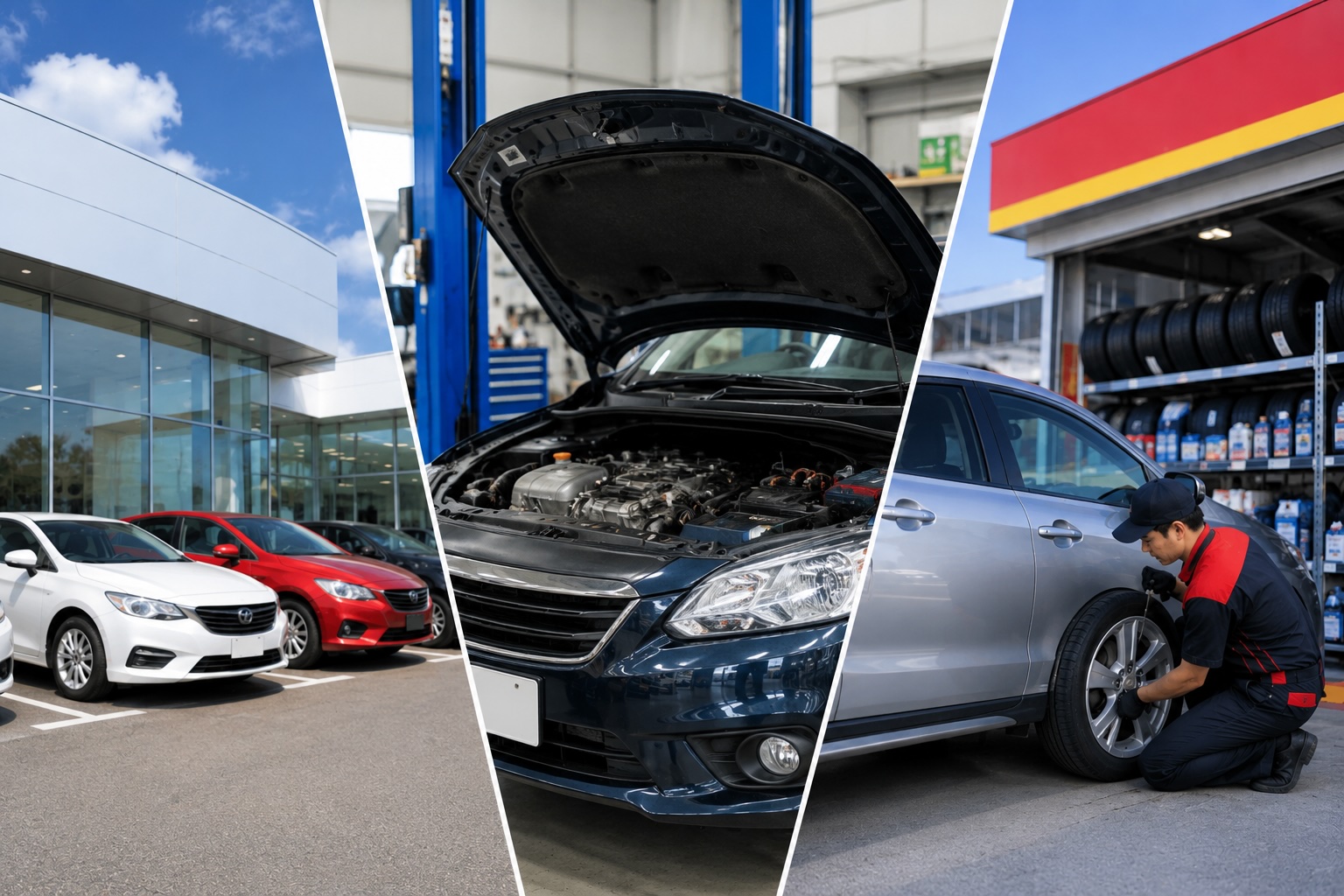 車の修理や整備の依頼先としてディーラー、整備工場、カー用品店を比較するイメージ