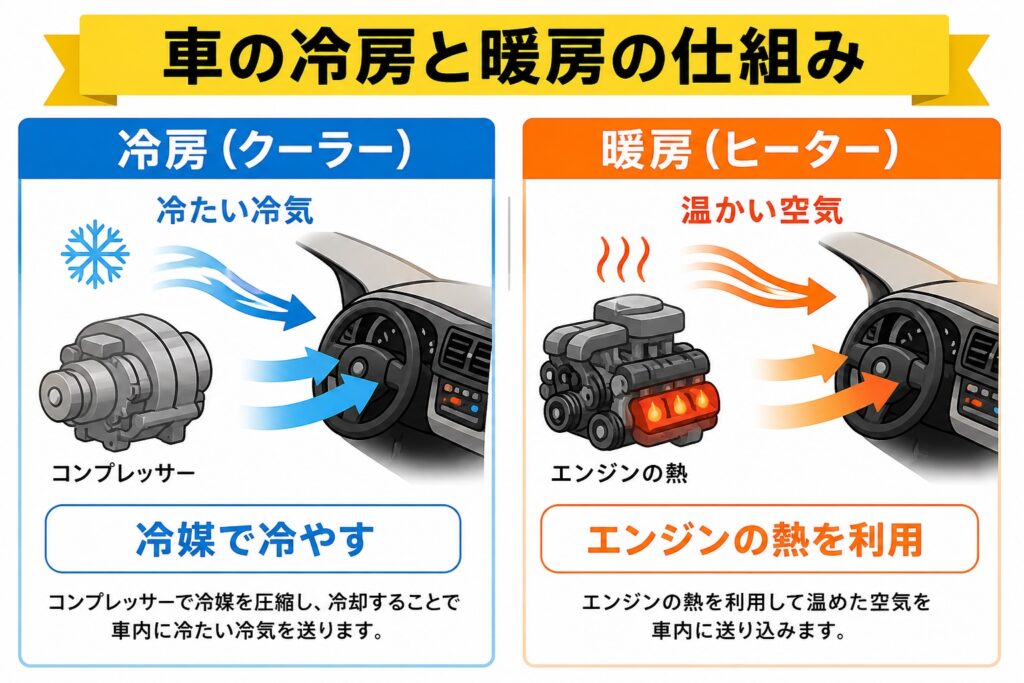 車の冷房（クーラー）と暖房（ヒーター）の仕組みを左右で比較し、それぞれの熱源や空気の流れをイラストで分かりやすく解説した図。