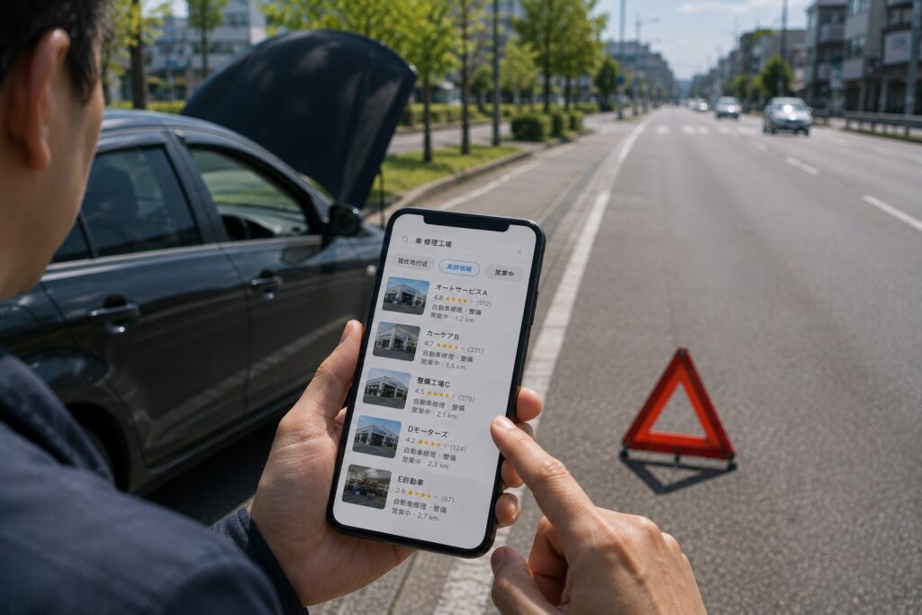 路上で車が故障した際にスマートフォンで近くの修理工場を検索している様子