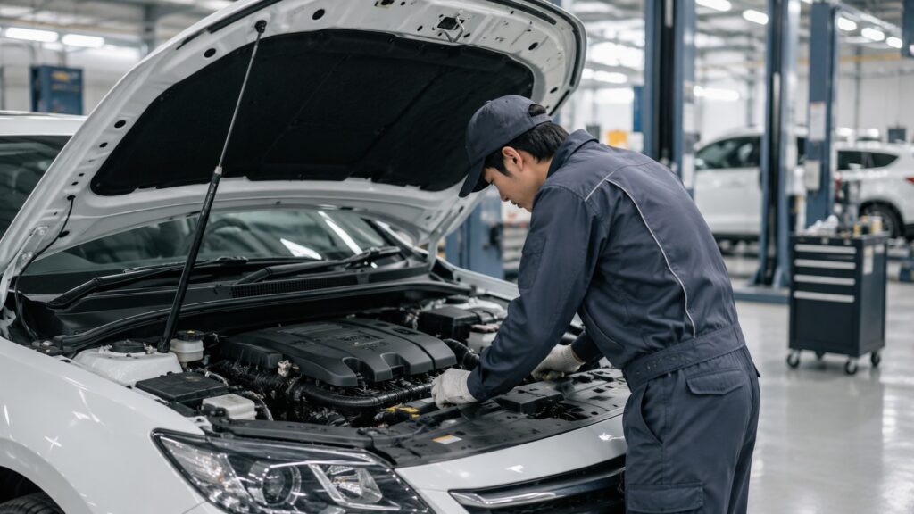 設備の整った自動車整備工場で整備士がエンジンルームを点検している様子