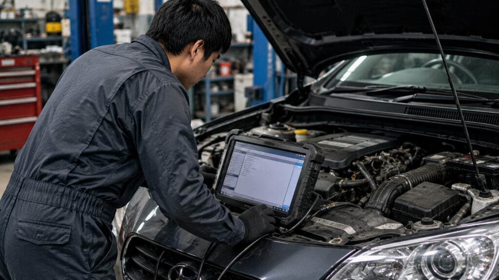 自動車整備士が診断機を車につないで故障診断を行っている様子