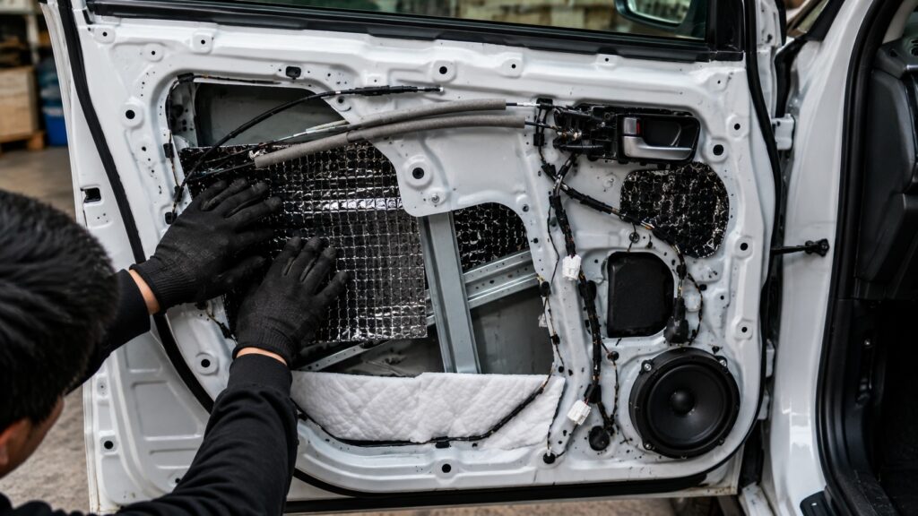 車のドア内張りを外してドア内部に制振材を貼り付けている様子