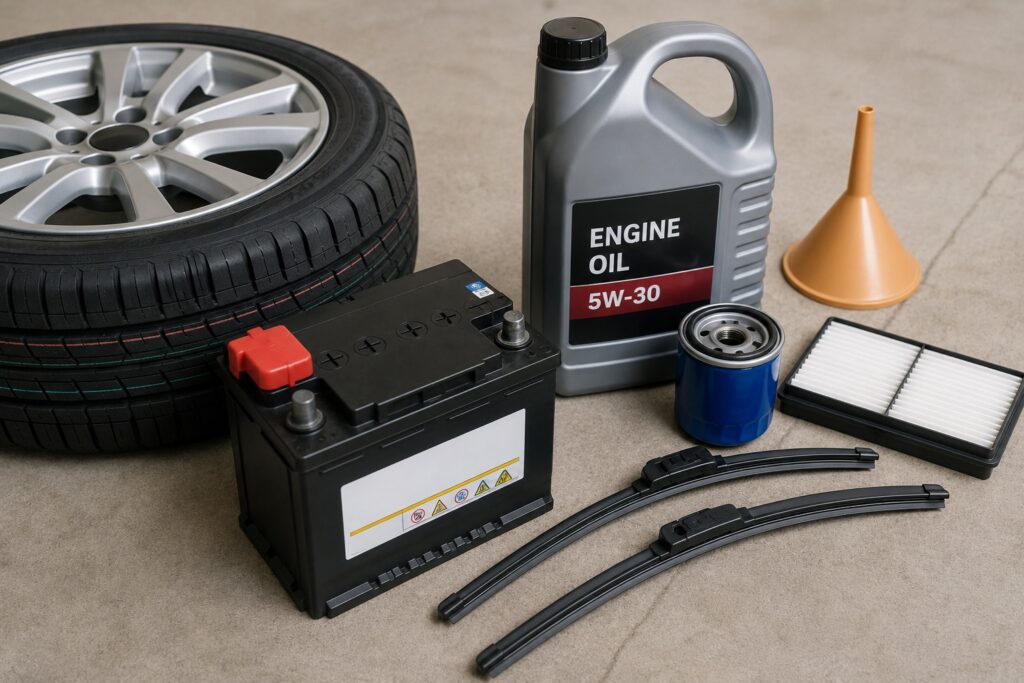 タイヤやバッテリー、エンジンオイル、フィルター、ワイパーなど車の整備で交換する消耗品のイメージ