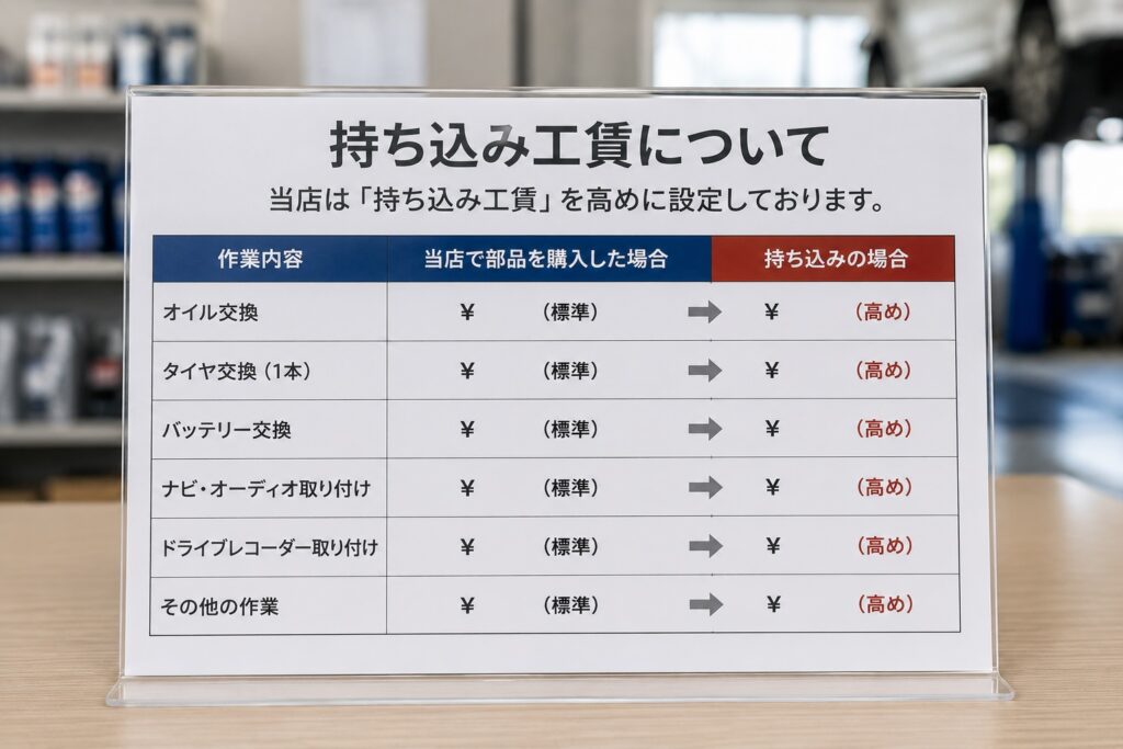 車の部品持ち込み時に通常より工賃が高くなることを示す料金表