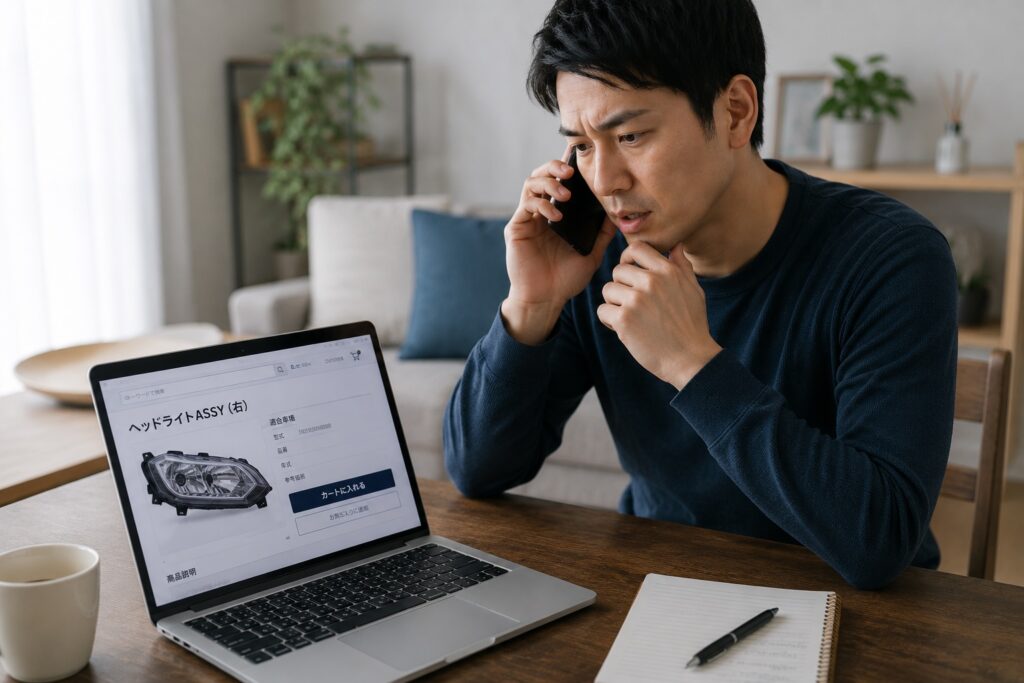 車部品を購入する前に整備工場へ持ち込み可能か電話で確認している様子