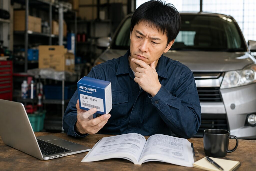 持ち込み予定の車部品の品番と適合を確認している様子
