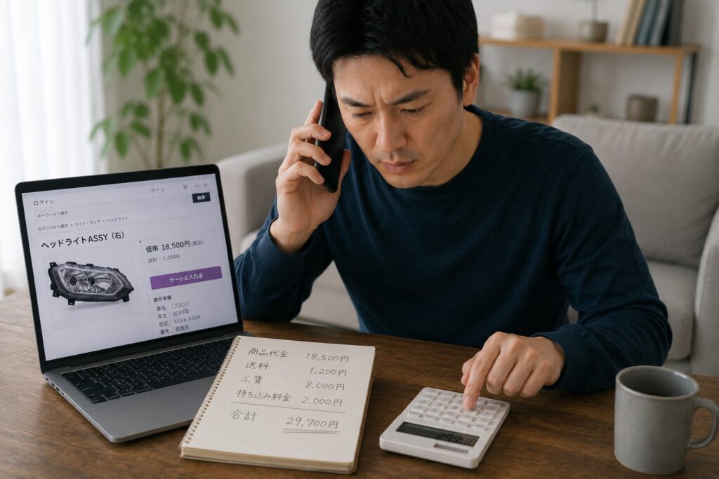 車部品の購入代金と工賃や持ち込み料金を合わせて総額を計算している様子