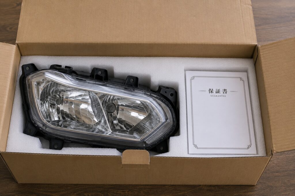 持ち込み予定の中古ヘッドライトの傷や破損を確認している様子