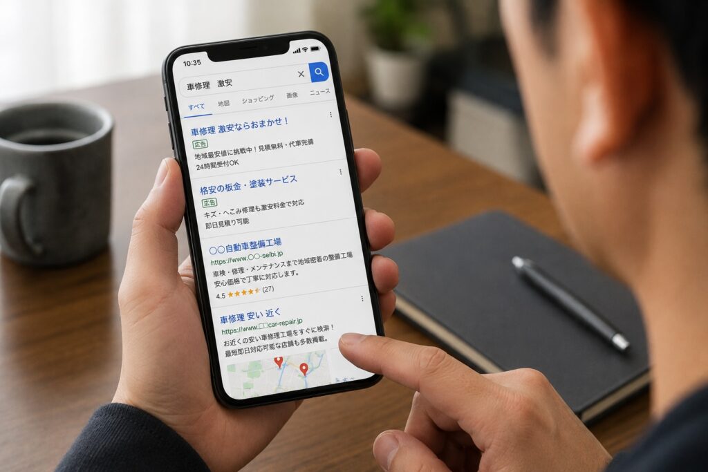 スマートフォンで「車修理 激安」「車修理 安い 近く」と検索している様子