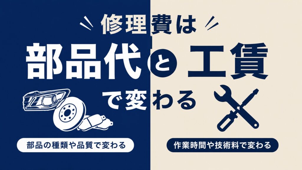 車の修理費が部品代と工賃によって変わることを説明した画像
