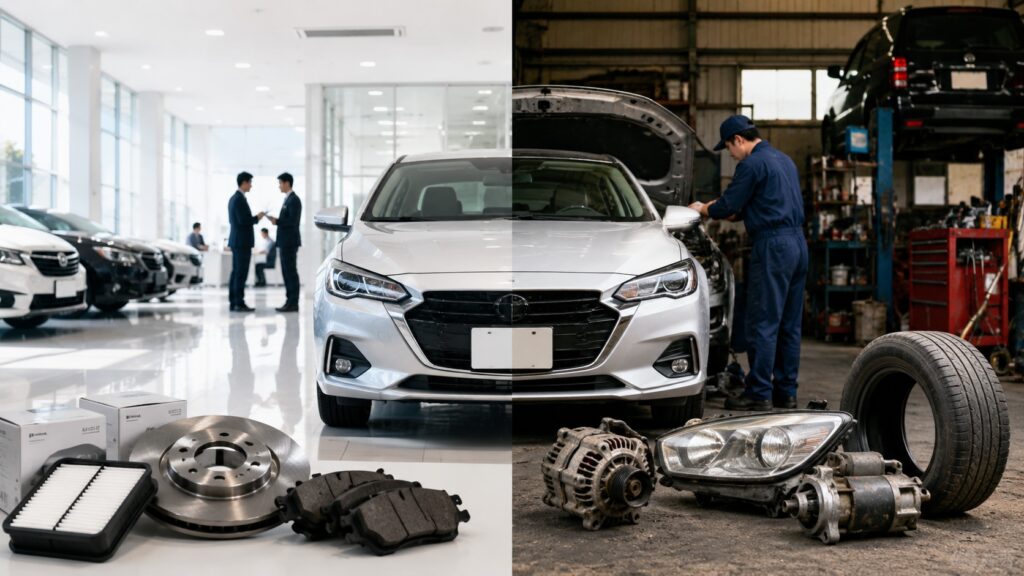 ディーラーと町工場の修理方法や使用部品の違いを比較したイメージ