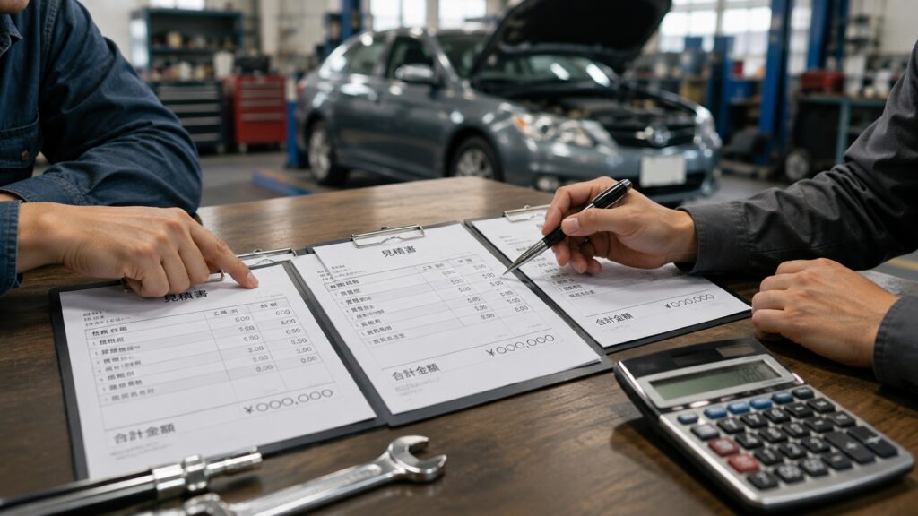 車の修理内容や部品代、工賃が記載された複数の見積書を比較している様子