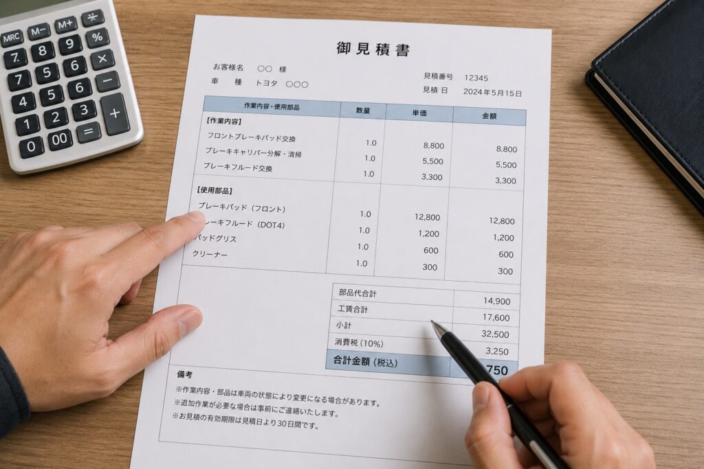車修理の見積書で作業内容や部品代、工賃を確認している様子