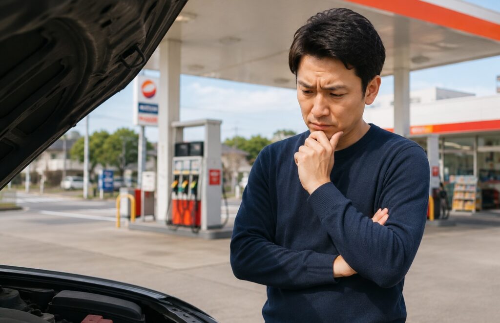 車の修理をガソリンスタンドに依頼するか、ボンネットを開けた車の前で悩んでいる様子