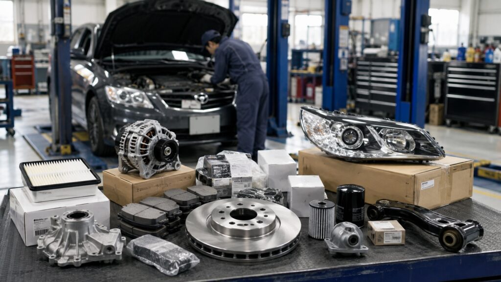 ブレーキ部品やオルタネーター、フィルターなどの交換部品と整備中の車