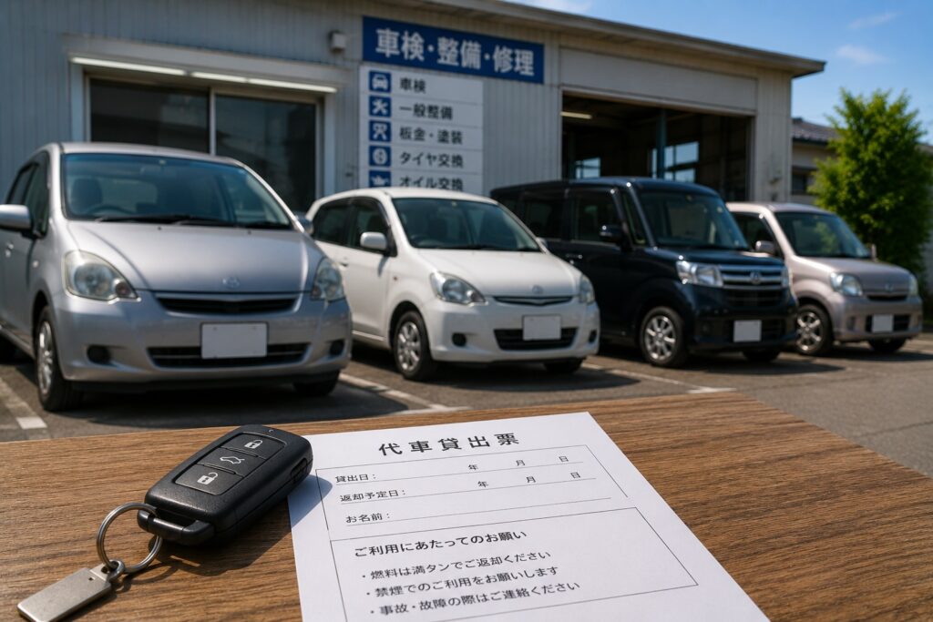 自動車整備工場の前に並ぶ代車と、代車貸出票・車のキー