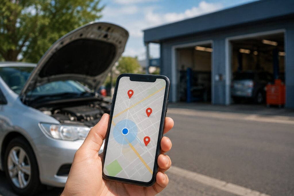 車の故障時にスマートフォンの地図で近くの修理工場を探している様子