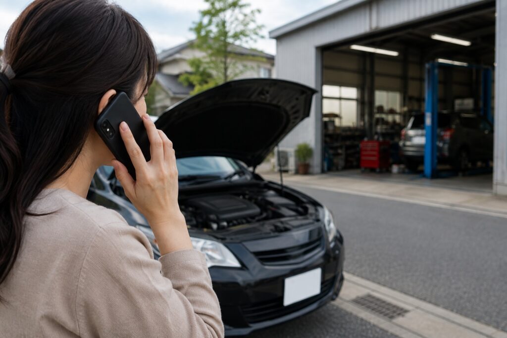 故障した車のそばからスマートフォンで修理工場へ電話している様子