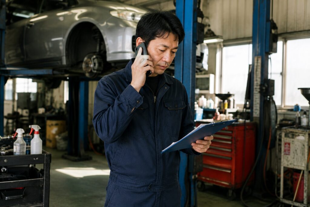 自動車整備工場の整備士が修理内容について電話連絡している様子