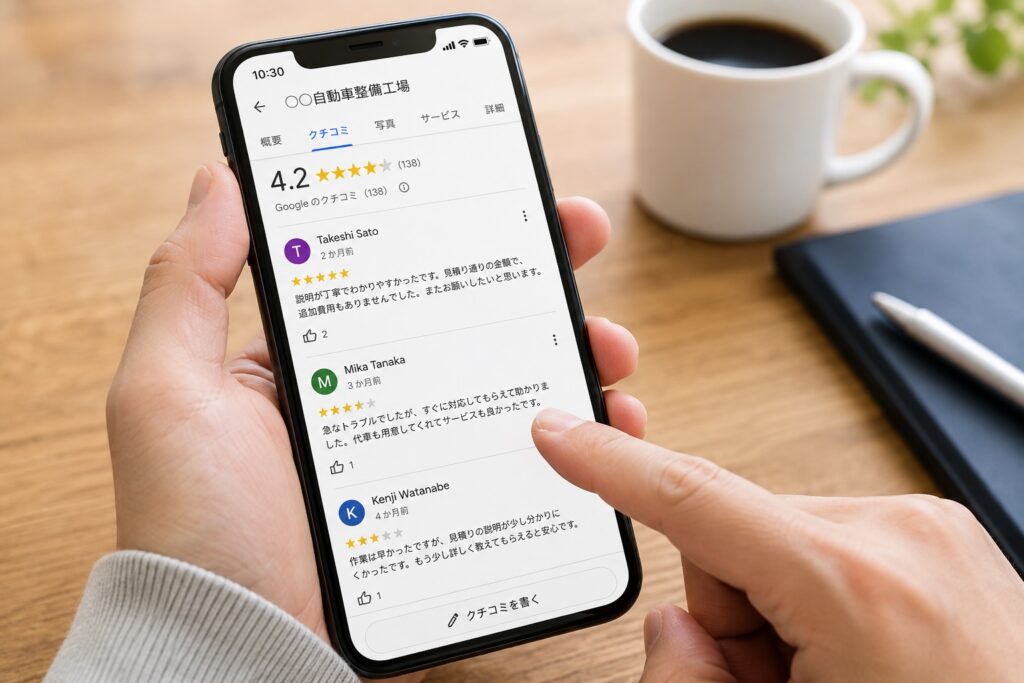 スマートフォンで車修理店の口コミや評価を確認している様子
