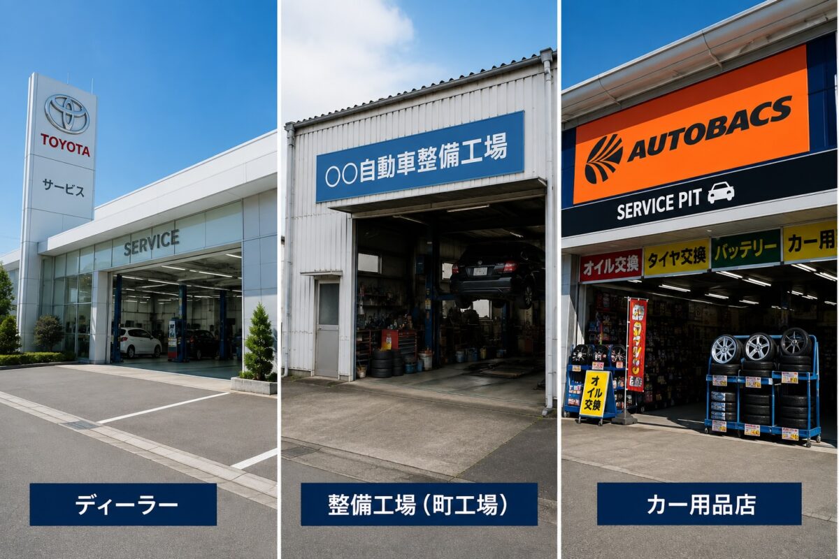 ディーラー・町の整備工場・カー用品店の違いを比較した画像