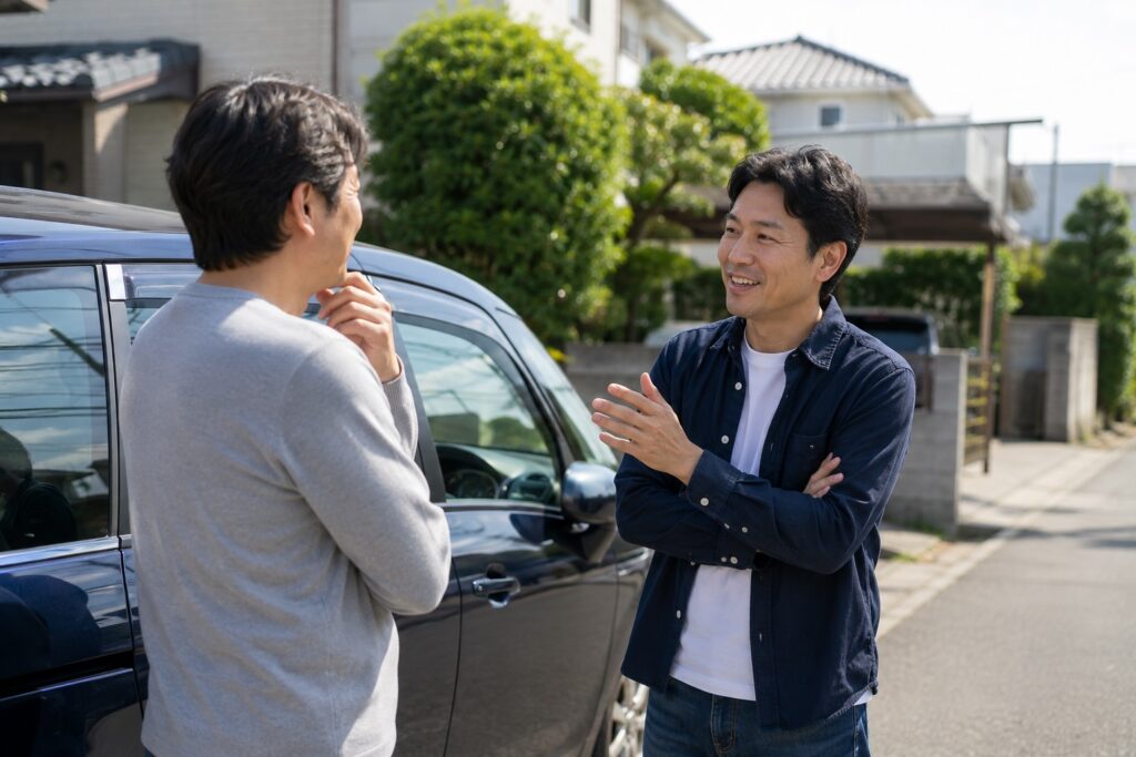 車の修理工場について知人に評判や経験を聞いている様子