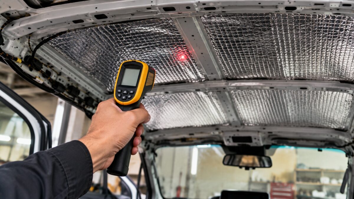 車の天井に断熱材を施工し、赤外線温度計で表面温度を測定している様子