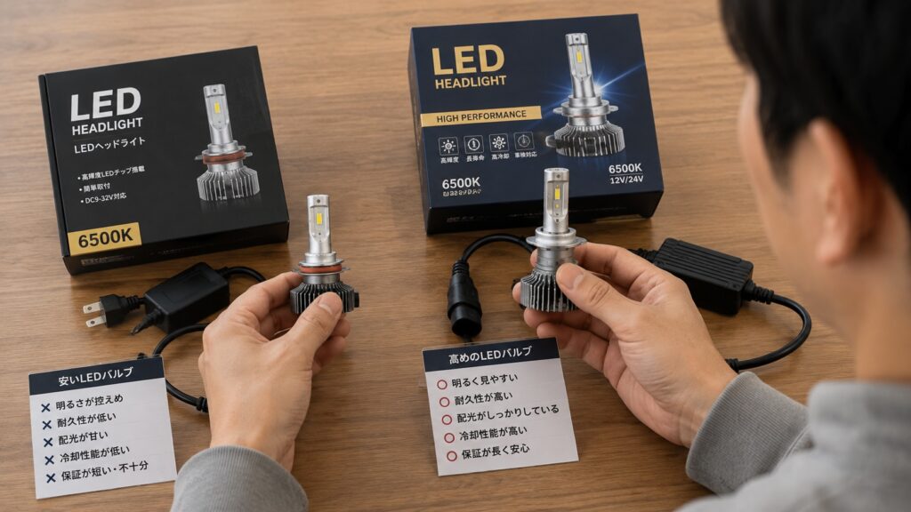 安いLEDヘッドライトバルブと品質を重視したLEDバルブを比較している様子