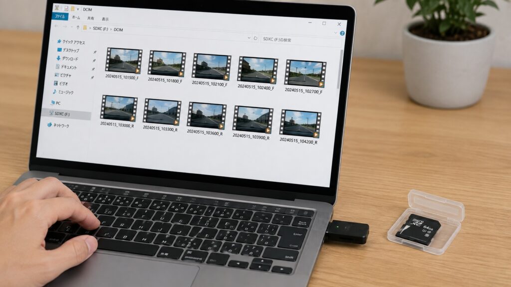 ドライブレコーダーのmicroSDカードをパソコンに接続して録画映像を確認している様子