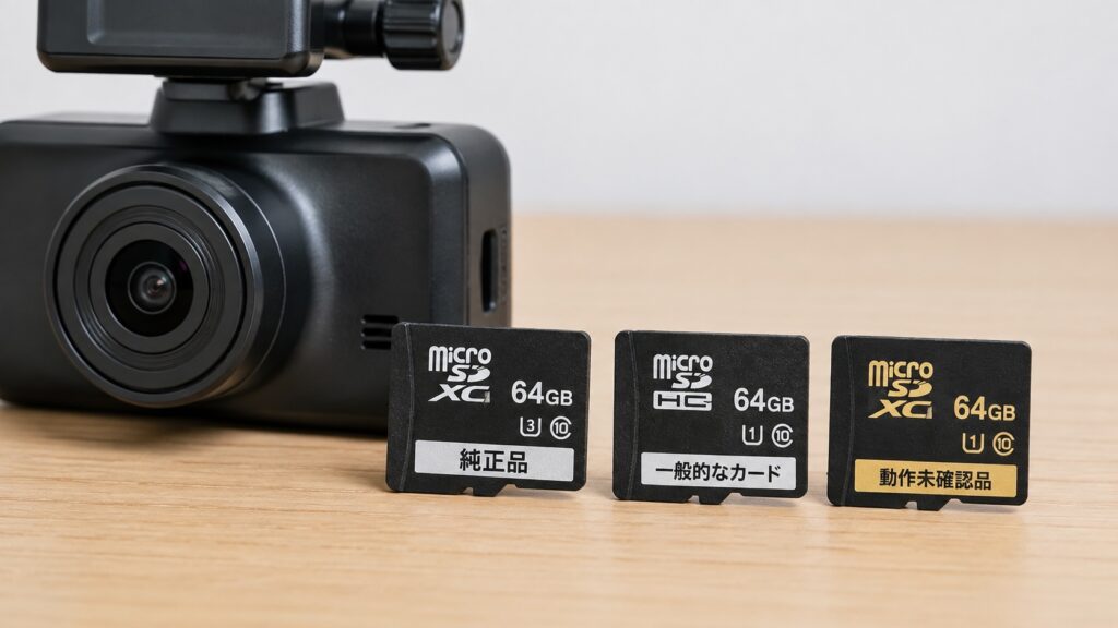 ドライブレコーダーと純正品・一般的なmicroSDカード・動作未確認カードを並べた比較