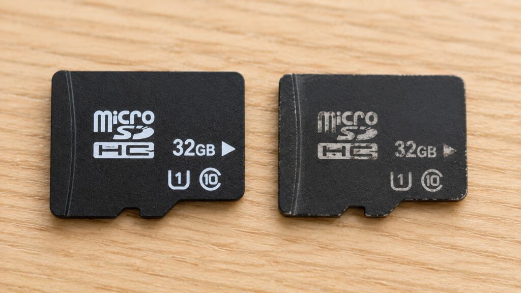ドライブレコーダー用microSDカードの新品と使用済みカードを比較した様子