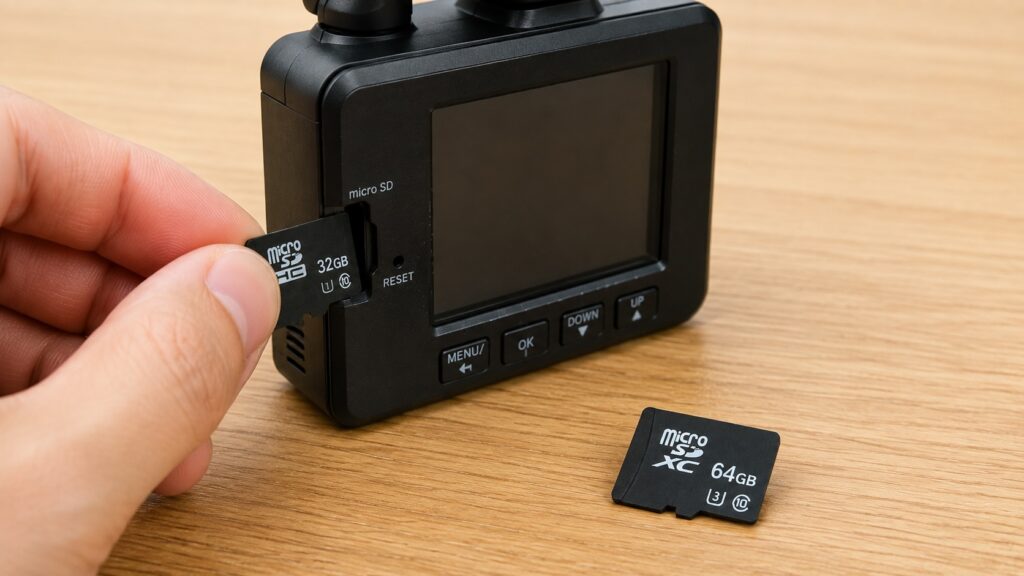 ドライブレコーダーの古いmicroSDカードを取り出して新しいカードへ交換する様子