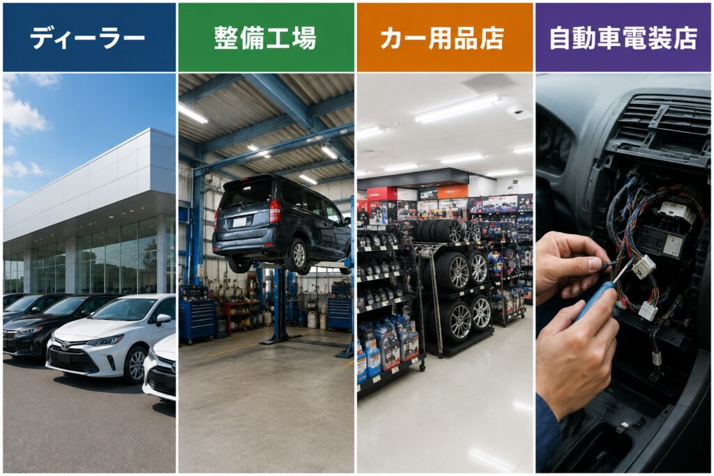 ディーラー・整備工場・カー用品店・自動車電装店の違いを比較したイメージ画像