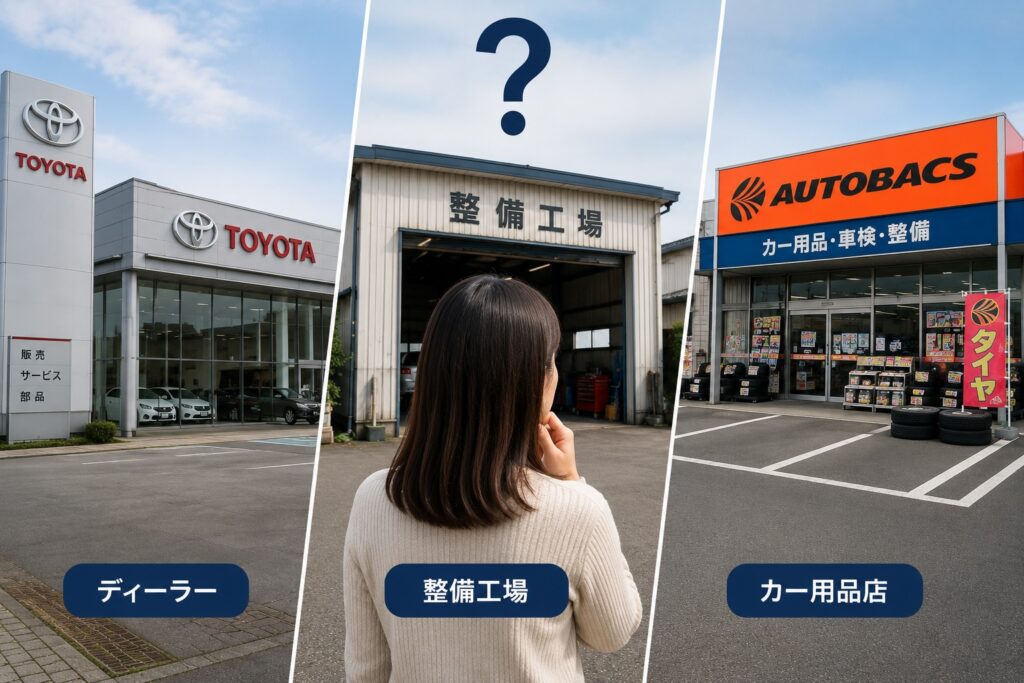 車の修理をディーラーや整備工場などのどこに依頼するか比較している様子
