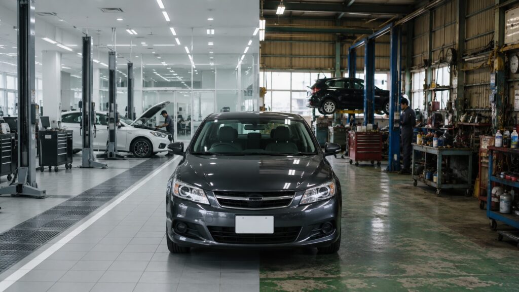 設備の整ったディーラーと地域の町工場を左右で比較した自動車整備工場のイメージ