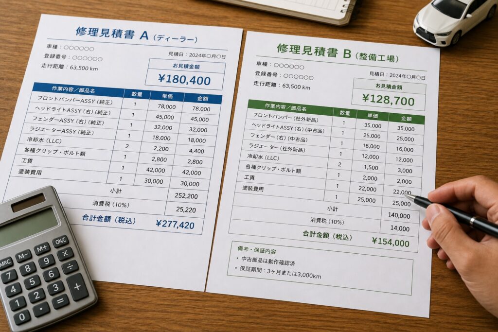 ディーラーと整備工場の車修理見積もりを並べ、修理費用の違いを比較しているイメージ