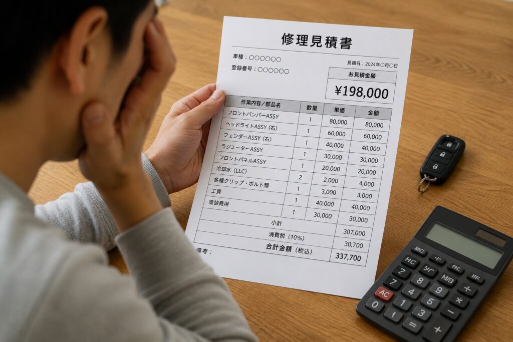 高額な車の修理見積書を確認し、修理費用について悩んでいる様子のイメージ