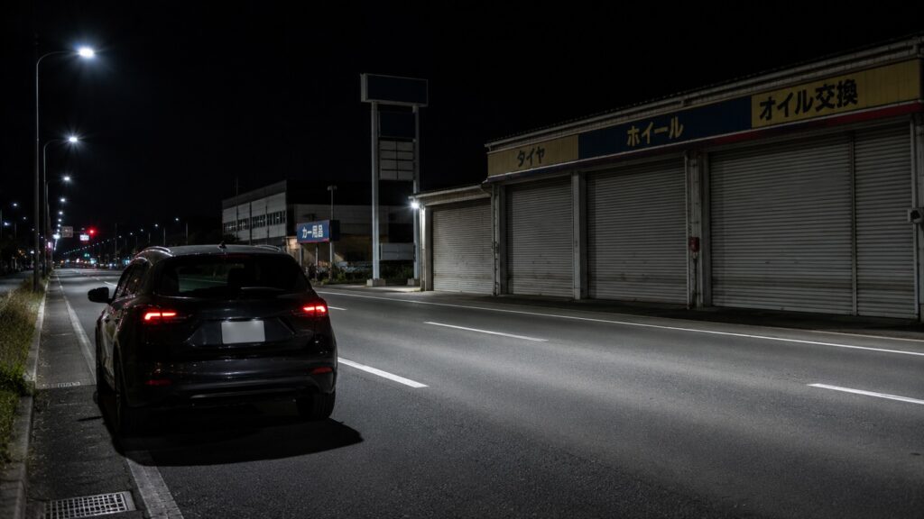 夜間に車のトラブルで停車したものの周辺の自動車整備店が閉まっている様子