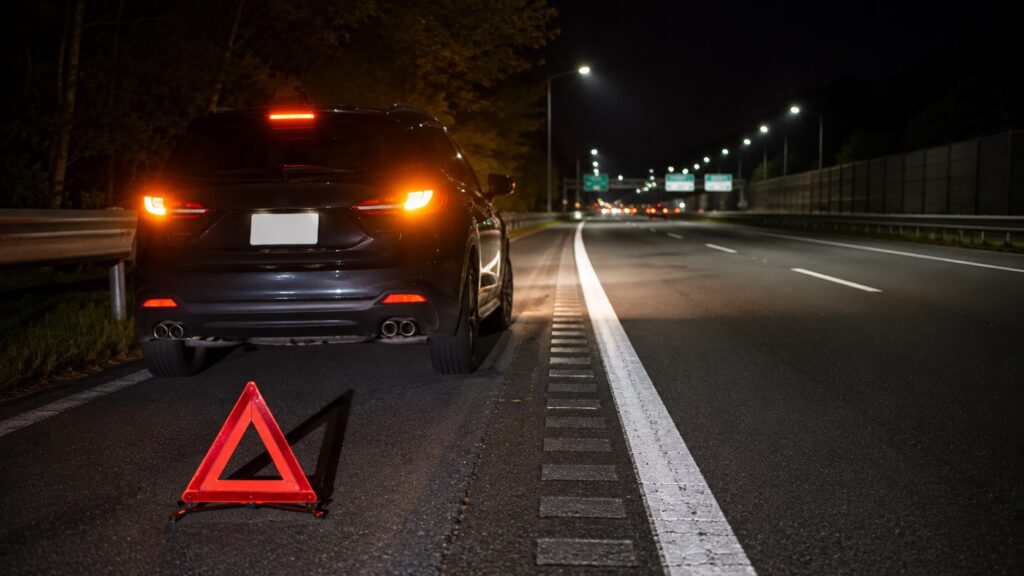 夜間の道路でトラブルにより路肩へ停車し三角表示板を設置した車