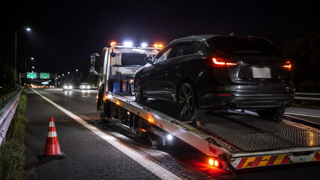 夜間の道路でタイヤトラブルの車を積載車で搬送している様子