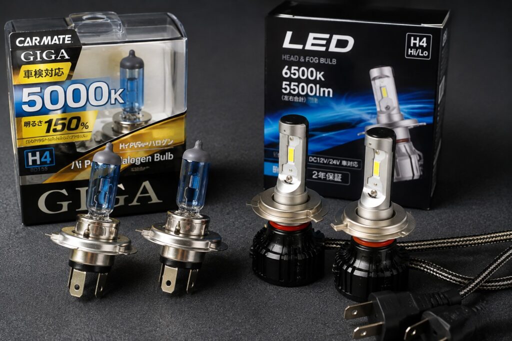 H4ハロゲンバルブとLEDヘッドライトバルブを並べて形状を比較した写真