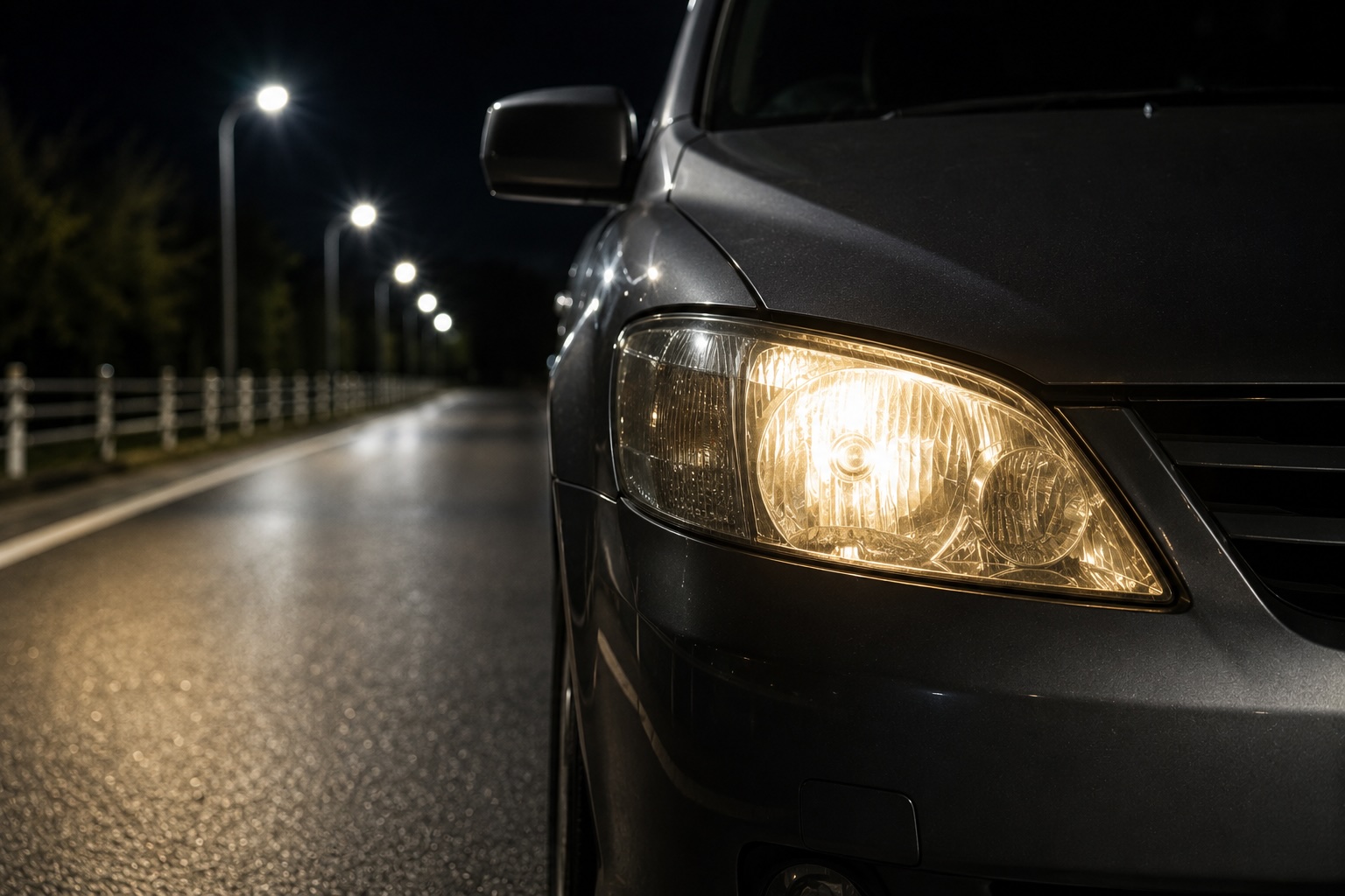 夜道で点灯している車のハロゲンヘッドライト。暖色系の光で前方を照らしている様子。