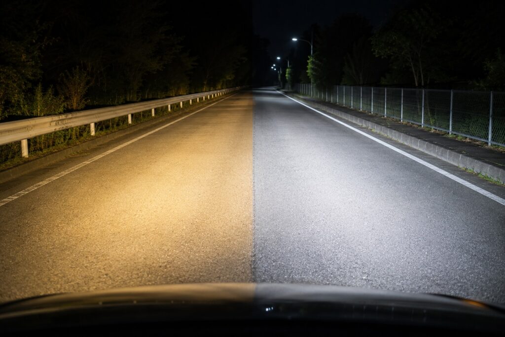 夜道を照らすハロゲンとLEDヘッドライトの見え方を比較したイメージ