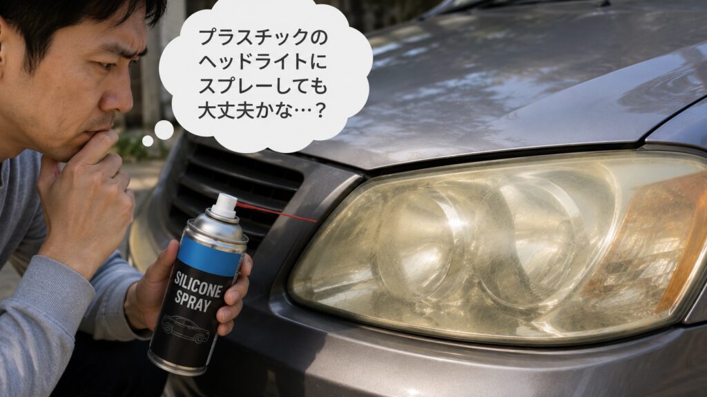 黄ばんだプラスチック製ヘッドライトにシリコンスプレーを使用しても大丈夫か確認している様子