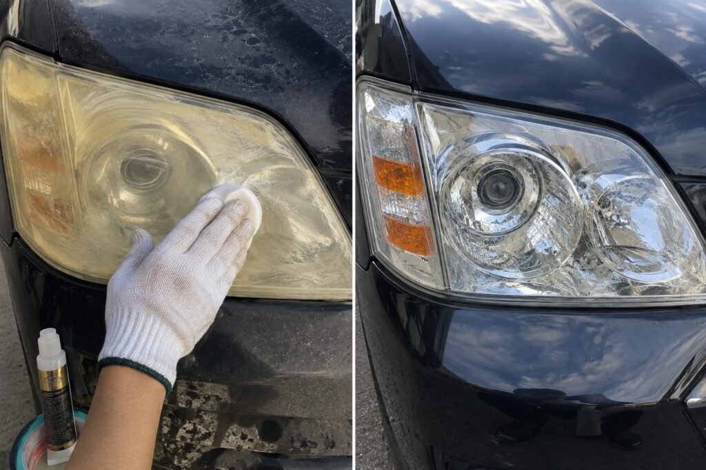 黄ばんだ車のヘッドライトを磨く前と磨いた後で透明感を比較した写真