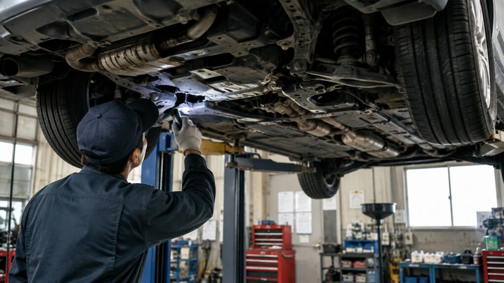 リフトアップした走行距離の多い車の下回りを整備士が点検している様子