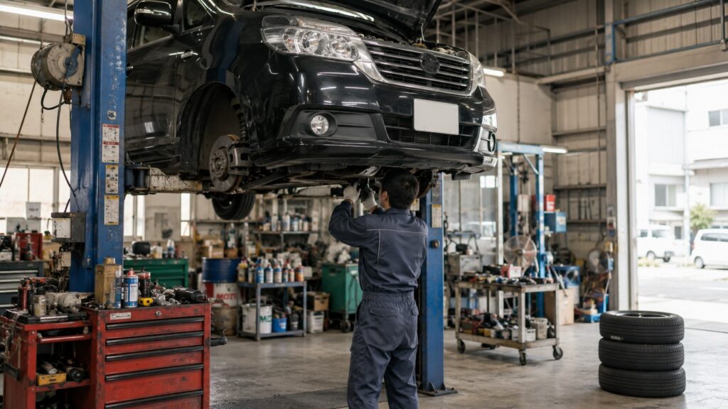 町工場で車をリフトアップして下回りを整備している整備士