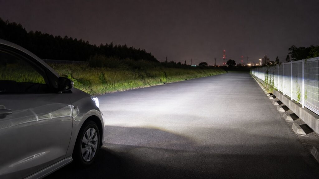 夜道でLEDヘッドライトを点灯して光軸と配光を確認している様子