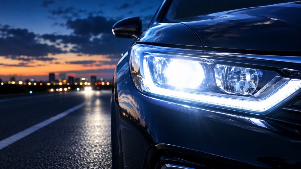 夜間に明るく点灯する車のLEDヘッドライト